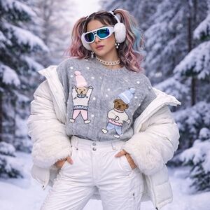 Rene Derhy Paris Gray Sweater with Bear Design Size M Lambswool